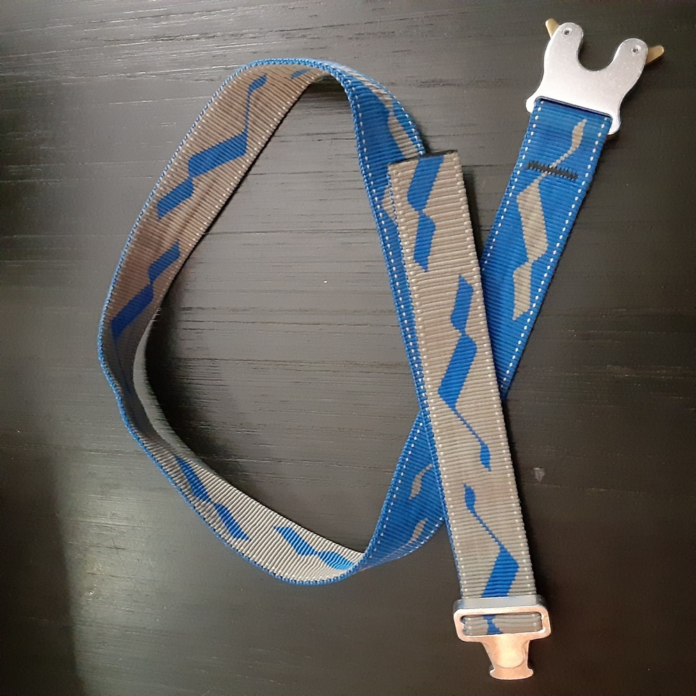 LL Bean Bison Designs Webbing Belt Blue Tan Metal Buckle USA Made S/M 03454